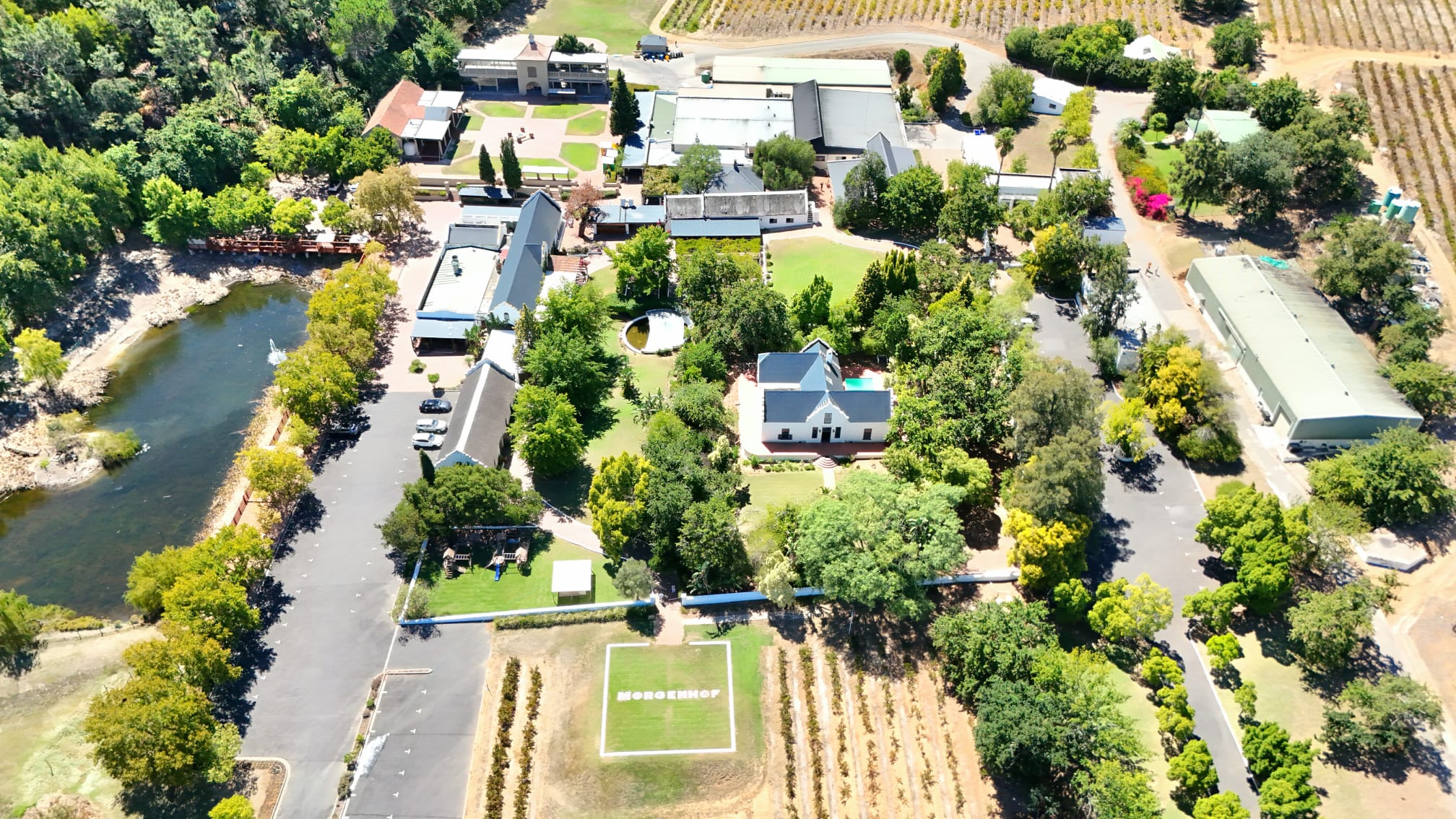 Aerial view of Morgenhof Estate buildings, gardens and vineyards