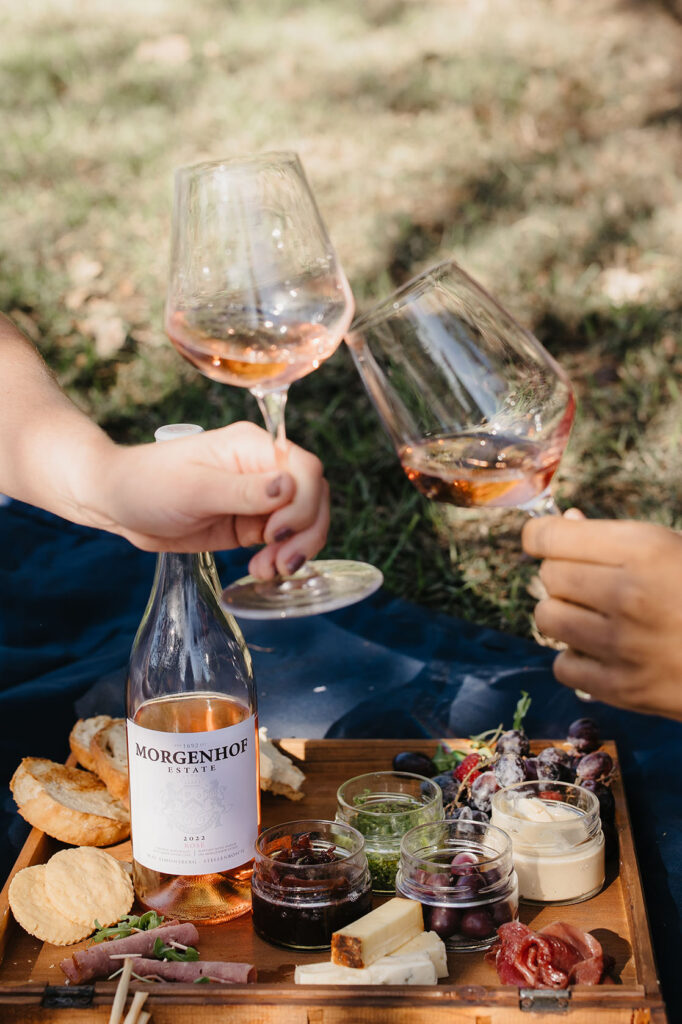 Couple toasting Morgenhof Estate Rosé at a picnic with a charcuterie board