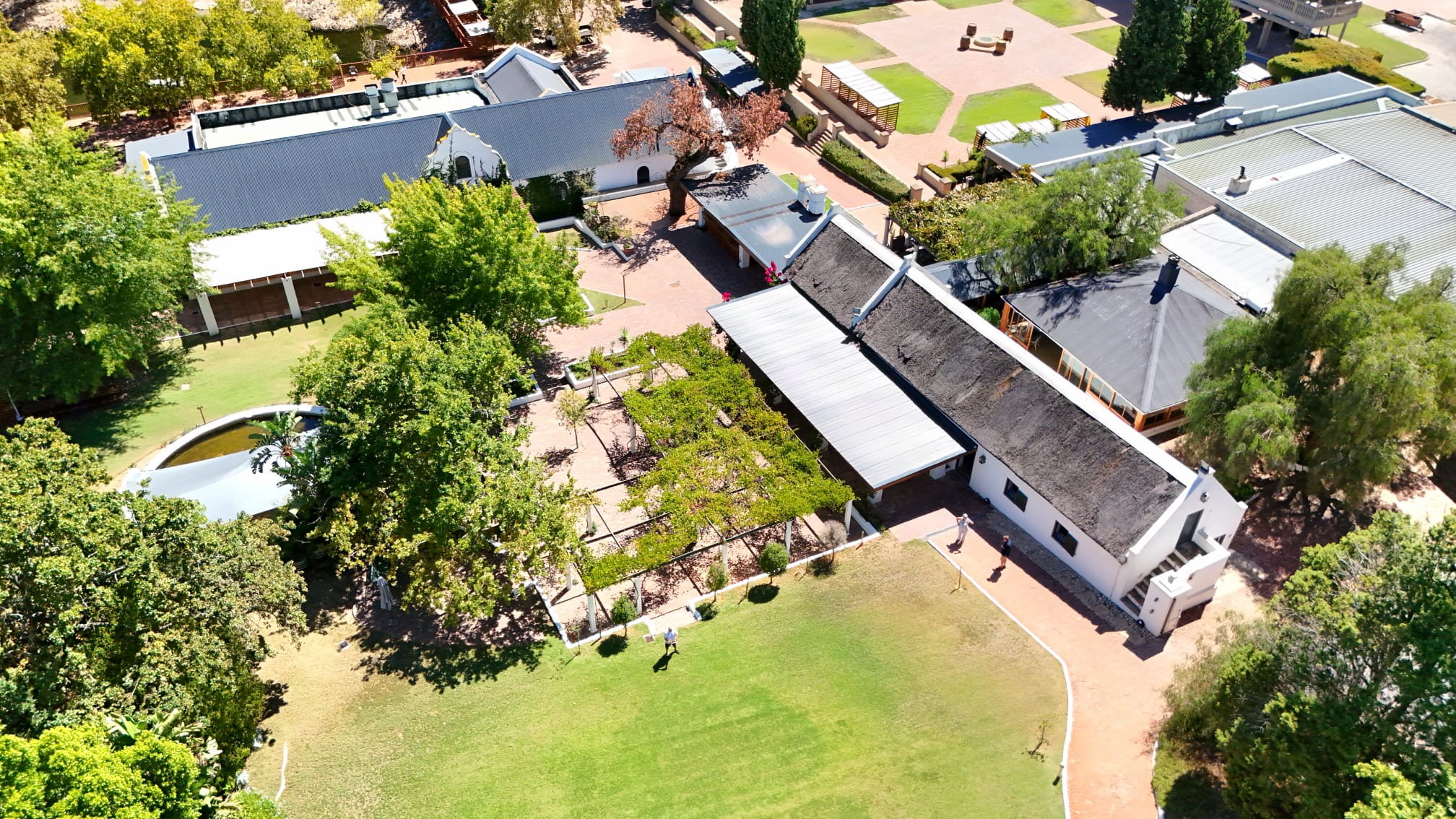 Aerial view of the Morgenhof Estate buildings and gardens